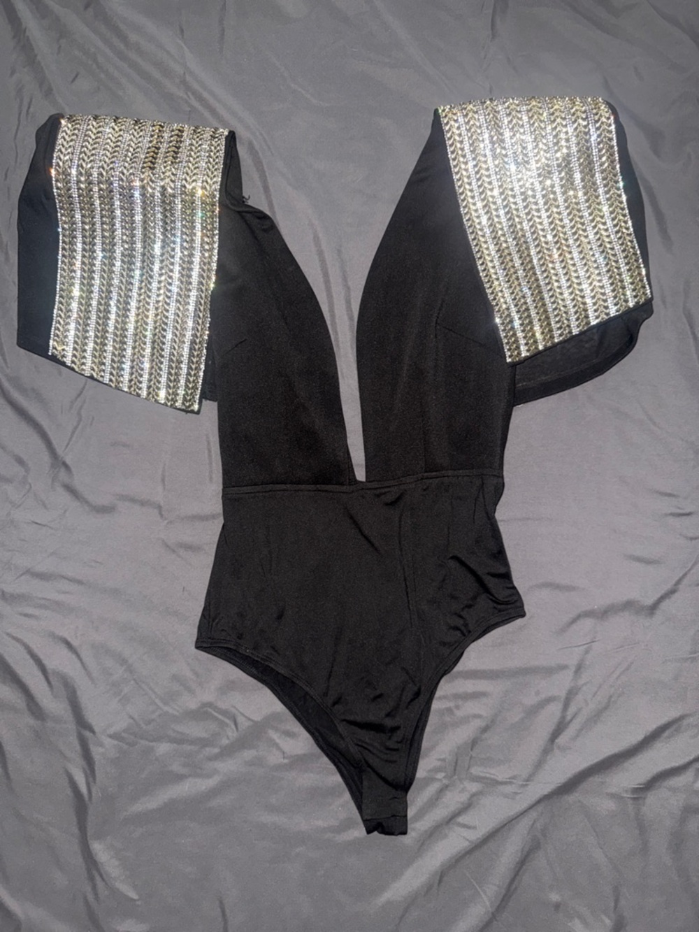 Black Plunging Bodysuit with Silver Sequin Shoulder Panels